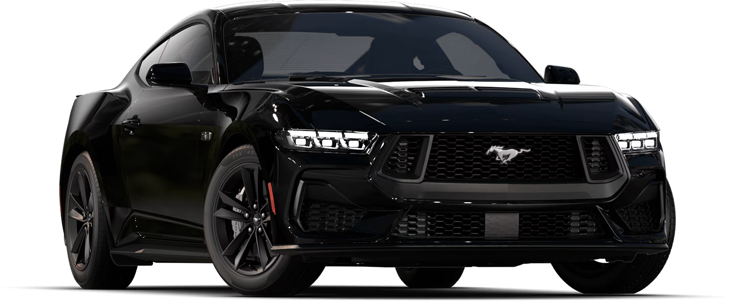 Carson's 2025 Ford Mustang GT in Shadow Black, front three-quarter view